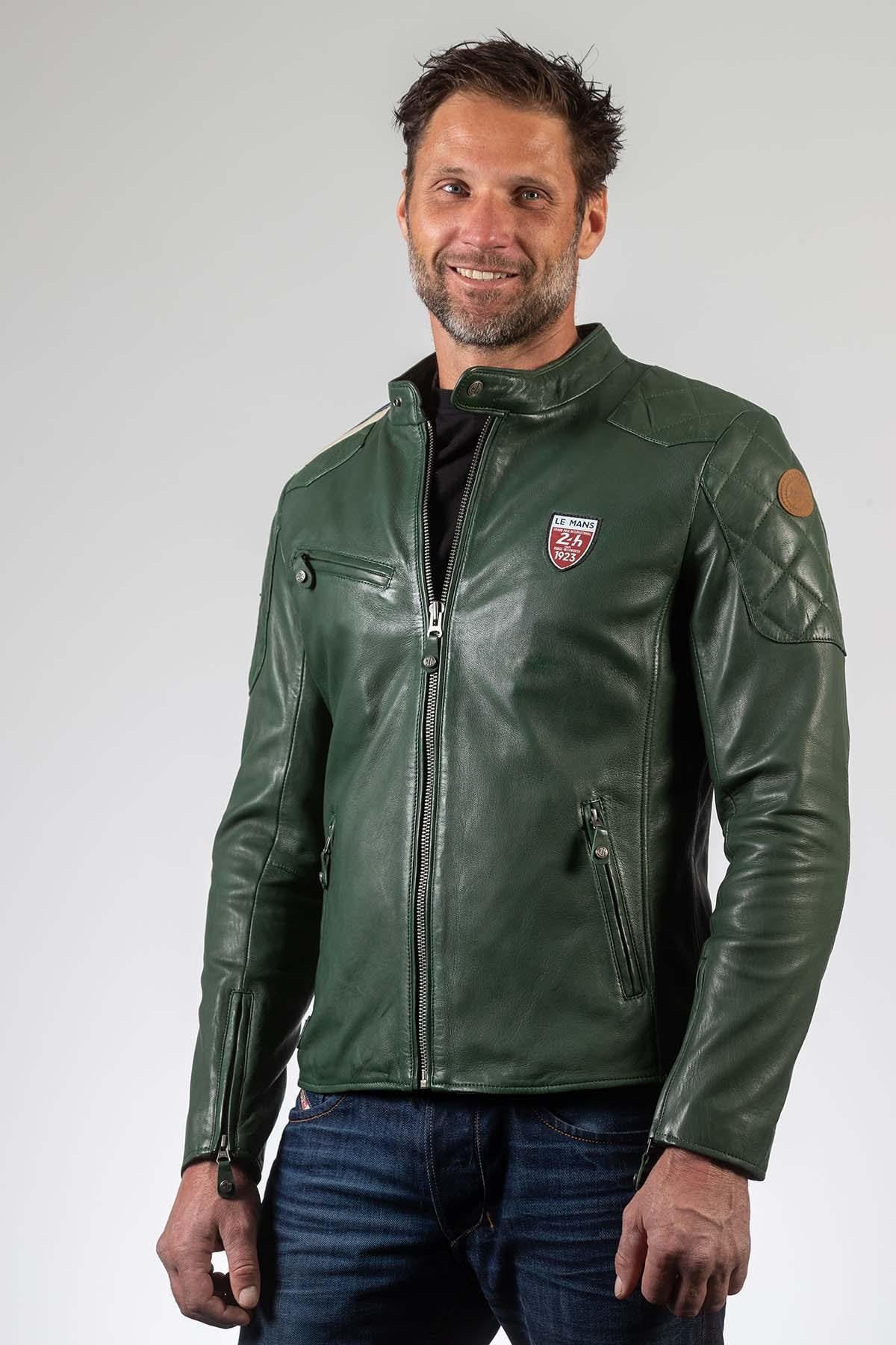 Sheepskin leather jacket in deep green. Biker collar, all-season fit. - Image n°1