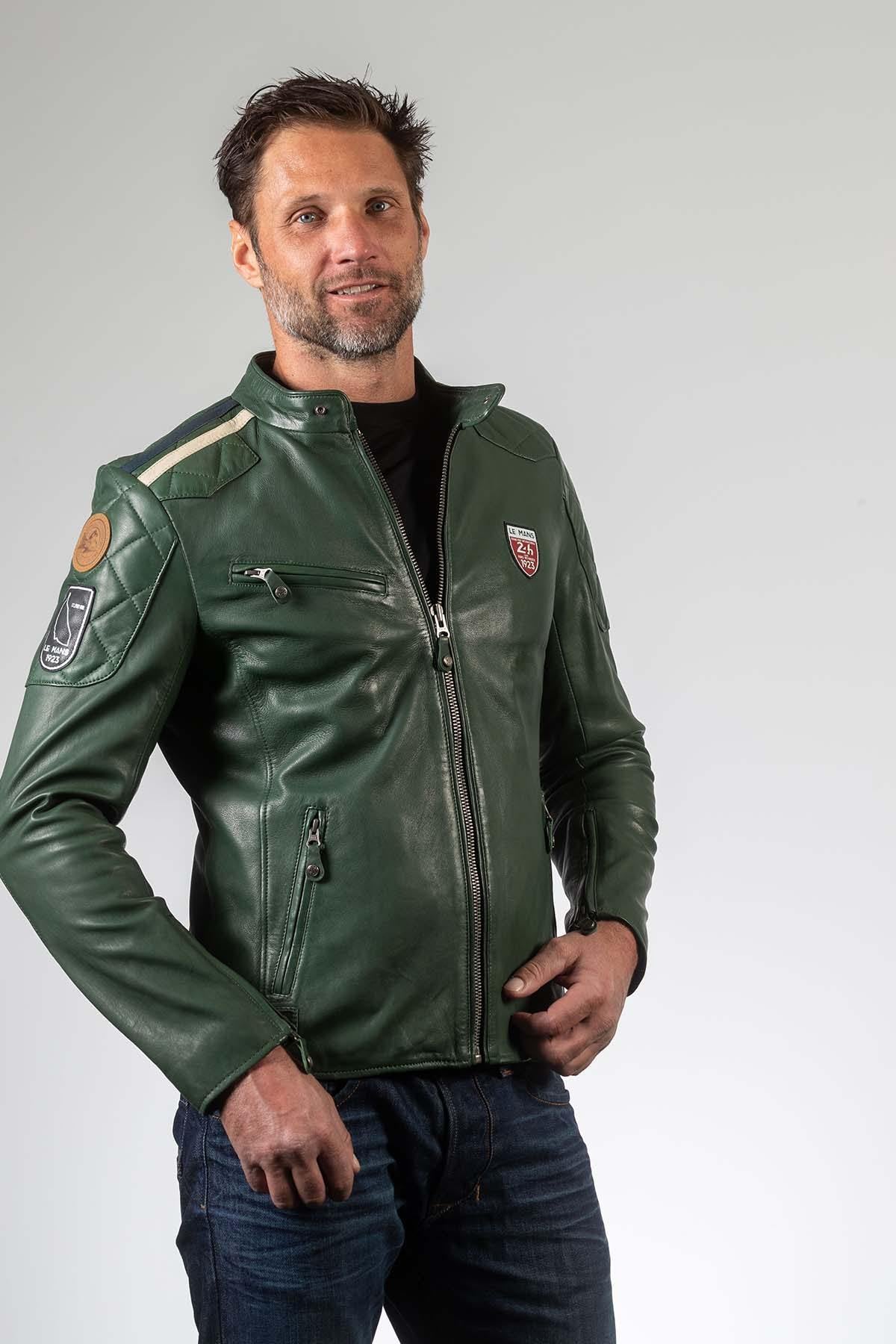 Sheepskin leather jacket in deep green. Biker collar, all-season fit. - Image n°4