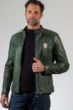 Sheepskin leather jacket in deep green. Biker collar, all-season fit. - Image n°3