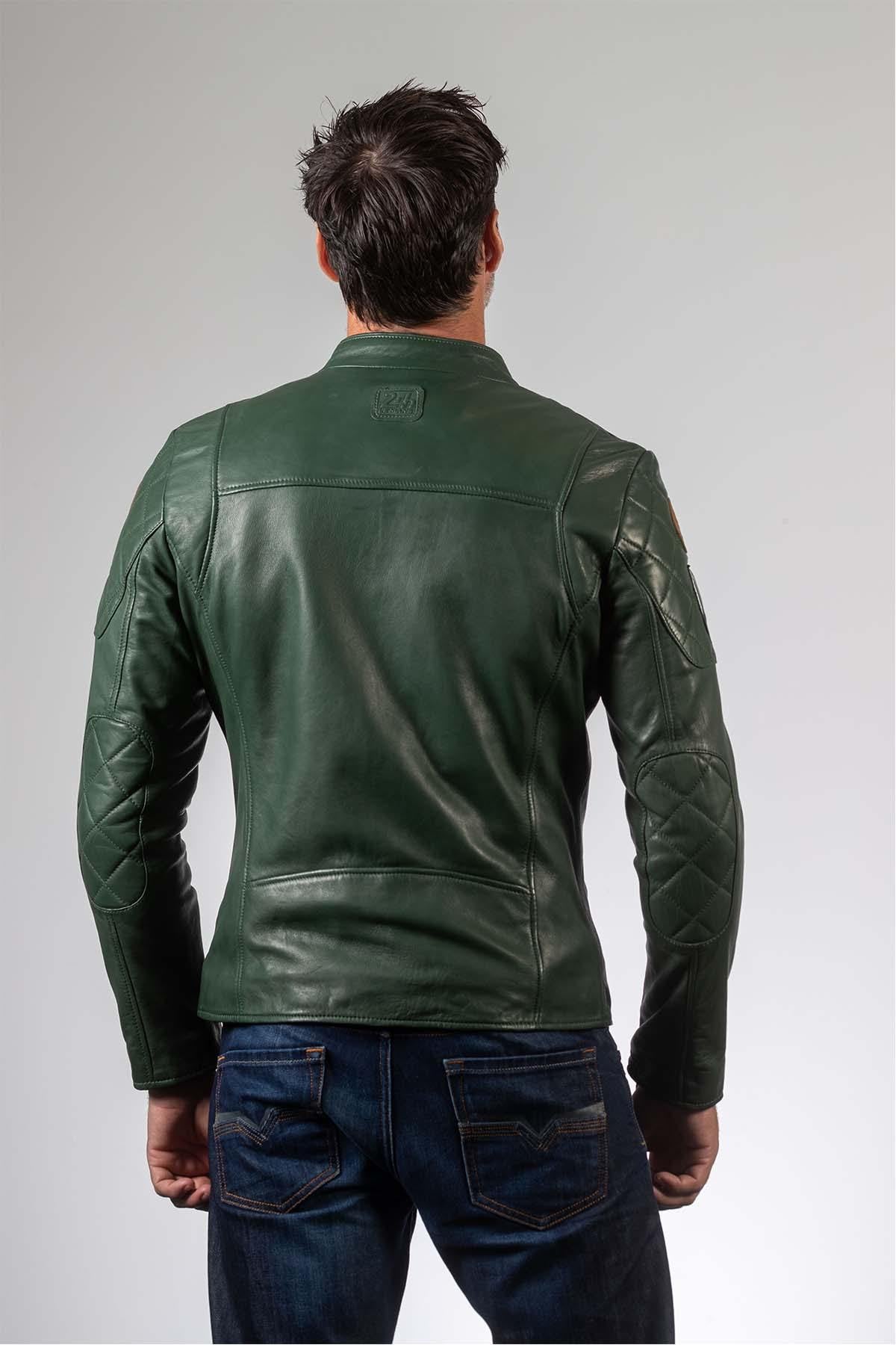 Sheepskin leather jacket in deep green. Biker collar, all-season fit. - Image n°5