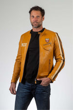Yellow sheep leather jacket with biker collar and regular fit. - Image n°2
