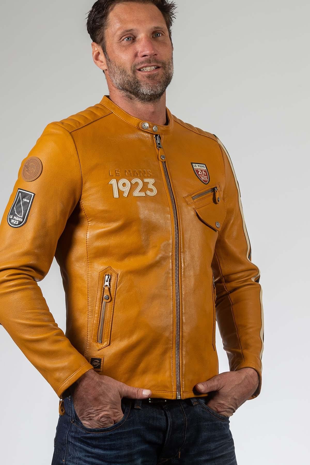 Yellow sheep leather jacket with biker collar and regular fit. - Image n°1