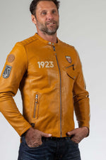 Yellow sheep leather jacket with biker collar and regular fit. - Image n°1