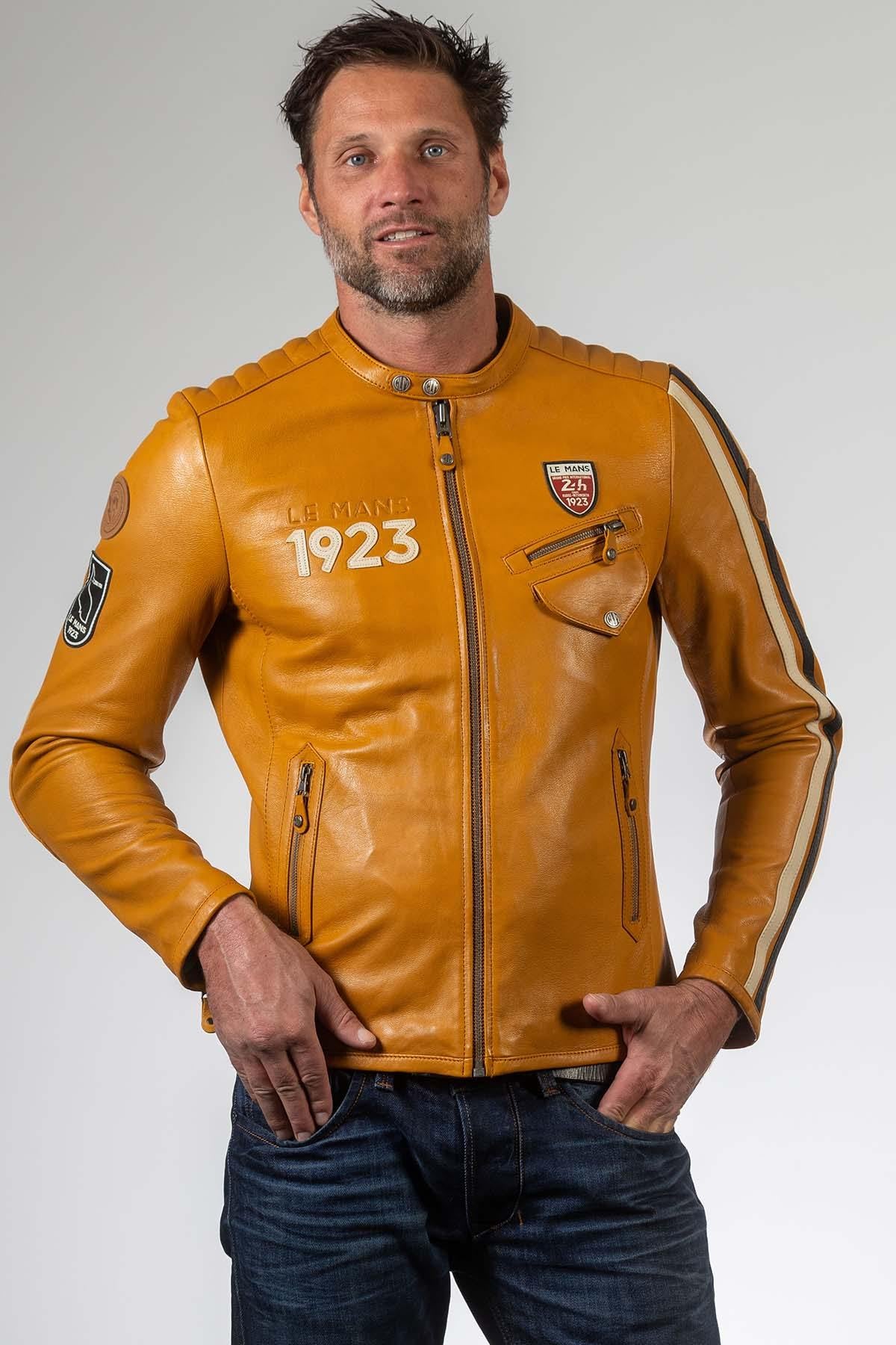 Yellow sheep leather jacket with biker collar and regular fit. - Image n°4