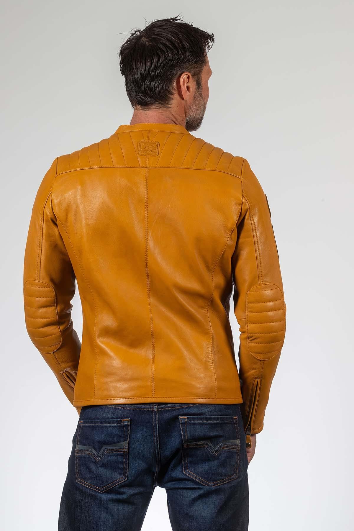 Yellow sheep leather jacket with biker collar and regular fit. - Image n°5