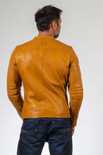 Yellow sheep leather jacket with biker collar and regular fit. - Image n°5