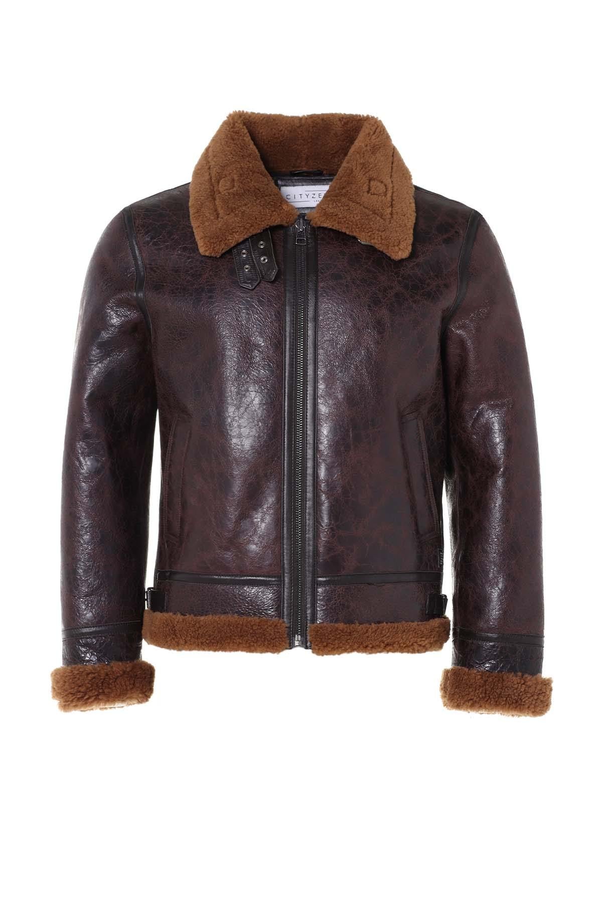 Shearling-lined bomber in glossy dark brown reversed sheep leather. - Image n°7