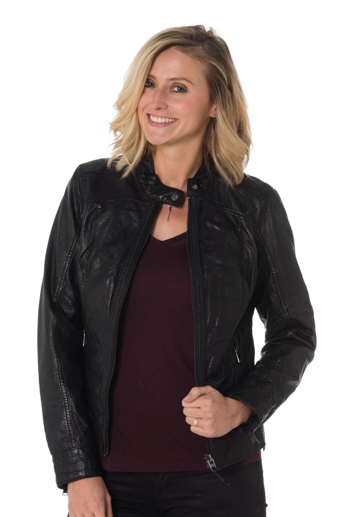 Tailored black lambskin jacket with biker collar and zipped pockets. - Image n°1