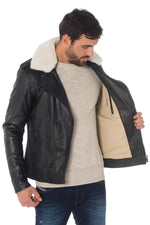 Slim black biker jacket in cowhide with a detachable vegan fur collar. - Image n°5