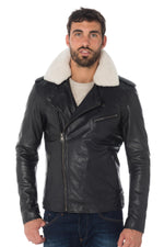 Slim black biker jacket in cowhide with a detachable vegan fur collar. - Image n°1