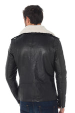 Slim black biker jacket in cowhide with a detachable vegan fur collar. - Image n°4