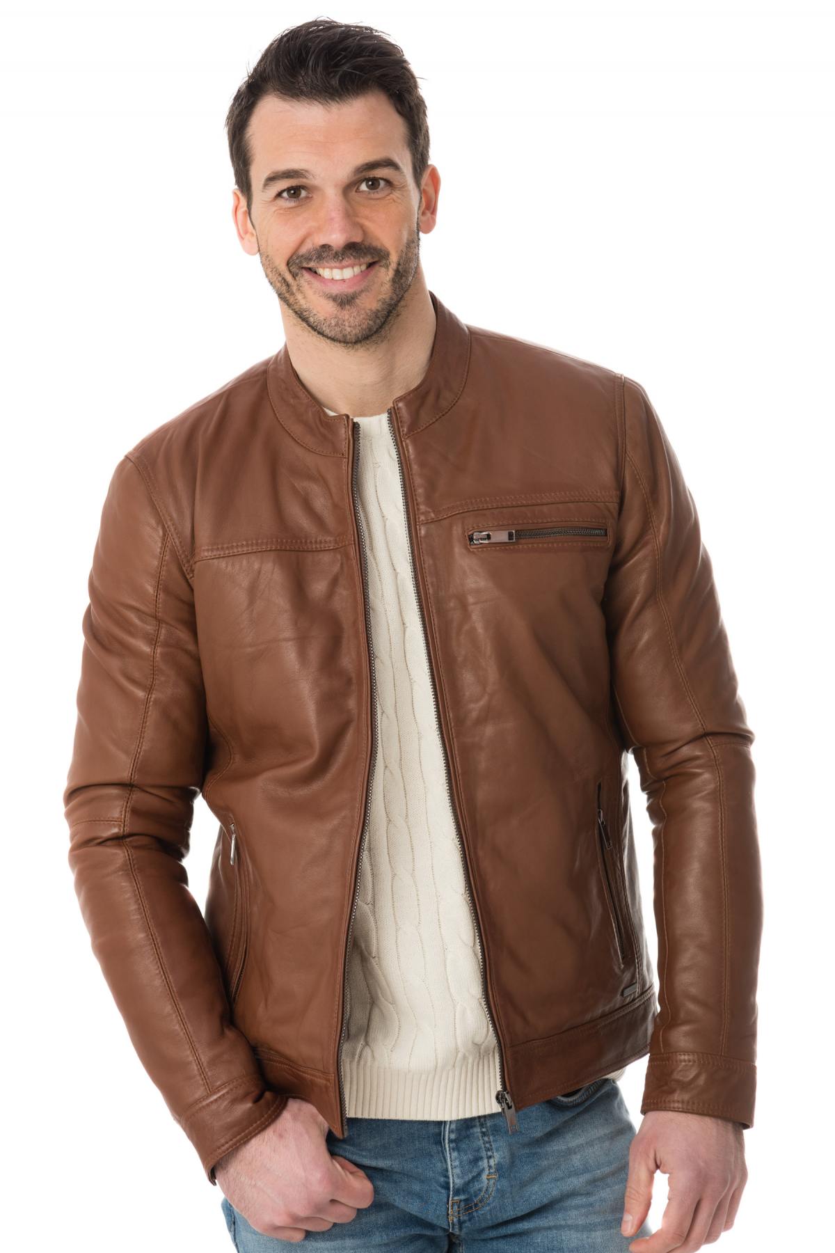Timeless cognac sheep leather jacket, adjustable for a perfect fit. - Image n°3