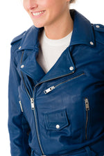 Women's Biker Jacket in blue sheepskin leather - Image n°6