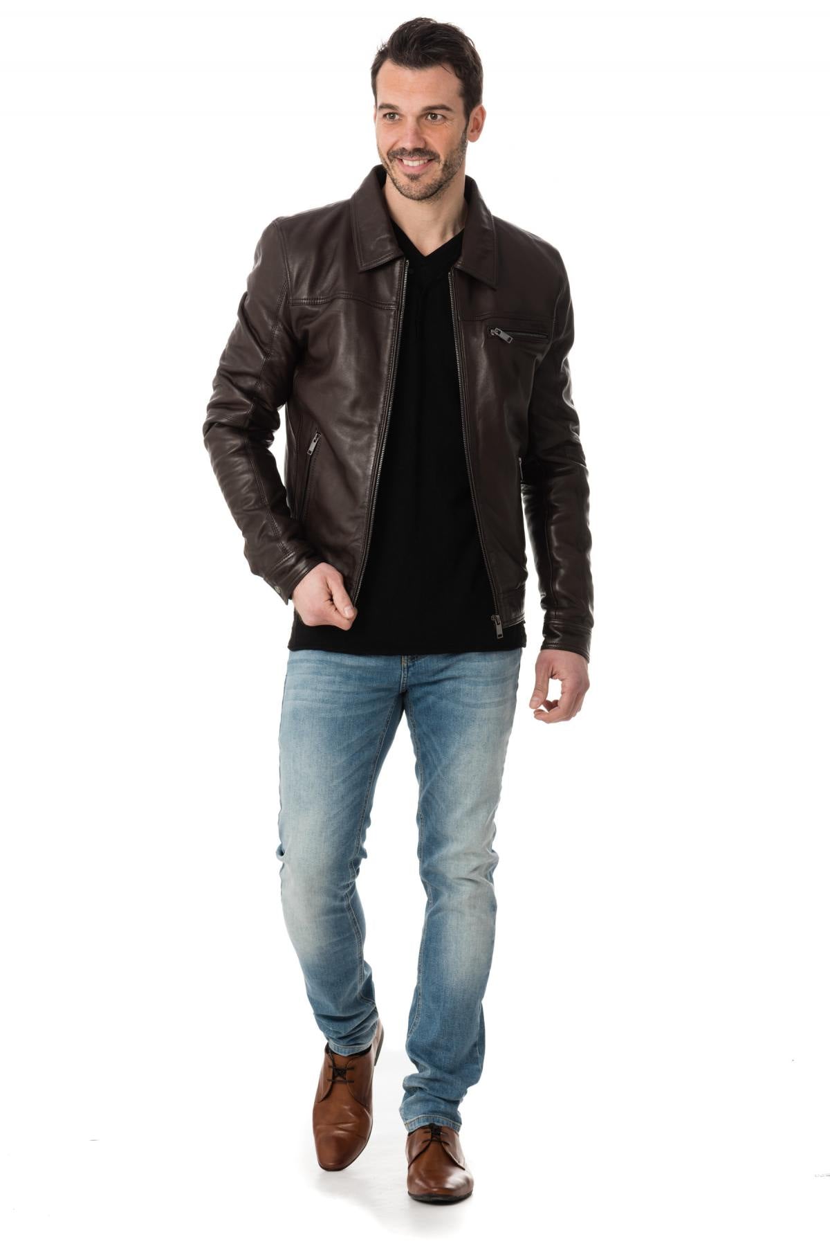 Men's brown sheepskin jacket: shirt collar, zip pockets, relaxed fit. - Image n°2