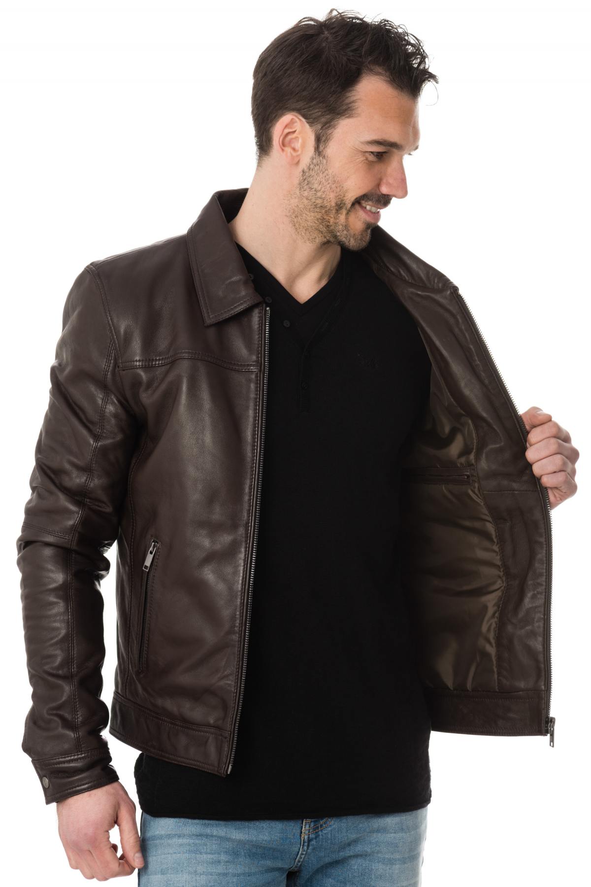 Men's brown sheepskin jacket: shirt collar, zip pockets, relaxed fit. - Image n°4