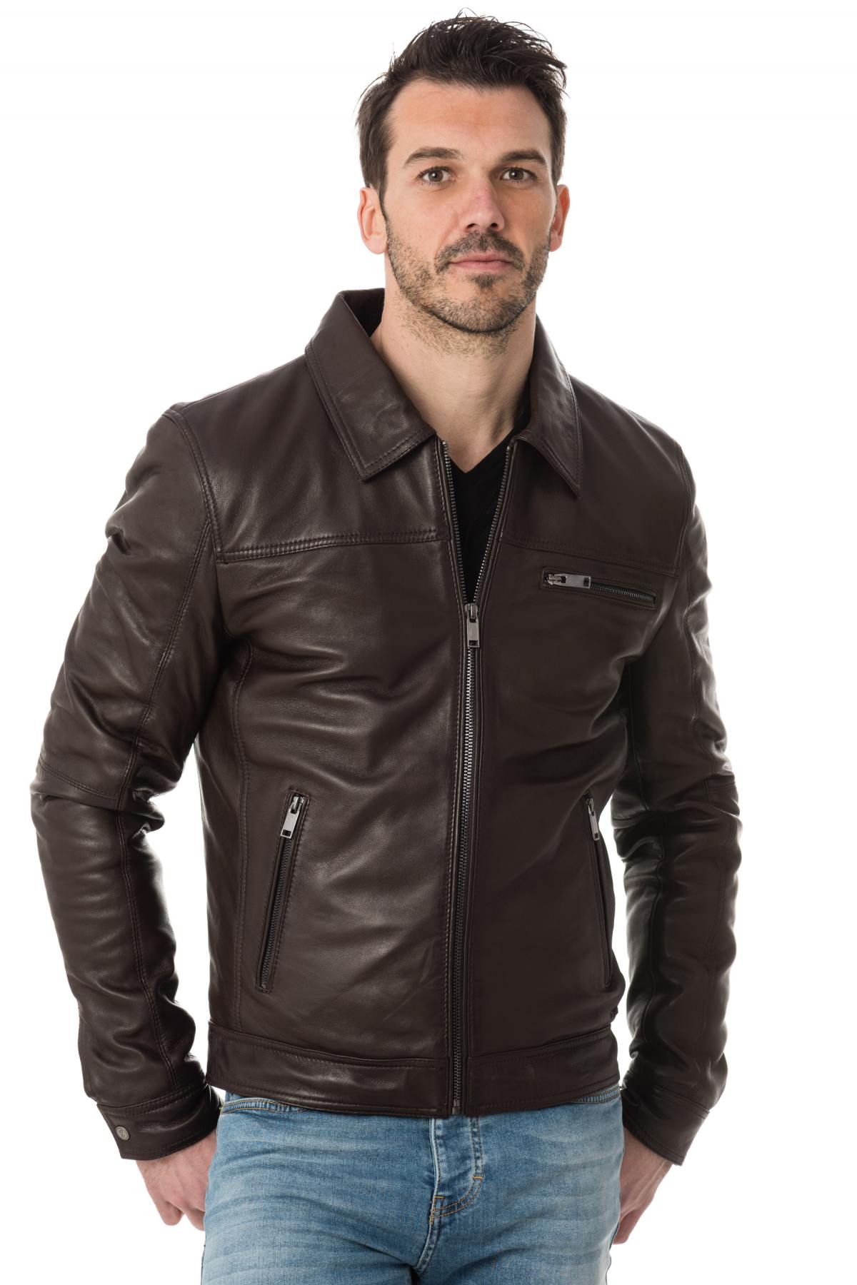 Men's brown sheepskin jacket: shirt collar, zip pockets, relaxed fit. - Image n°1