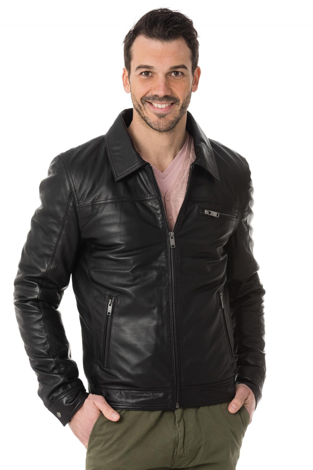 Timeless black sheep leather jacket with shirt collar and zip pockets. - Image n°1