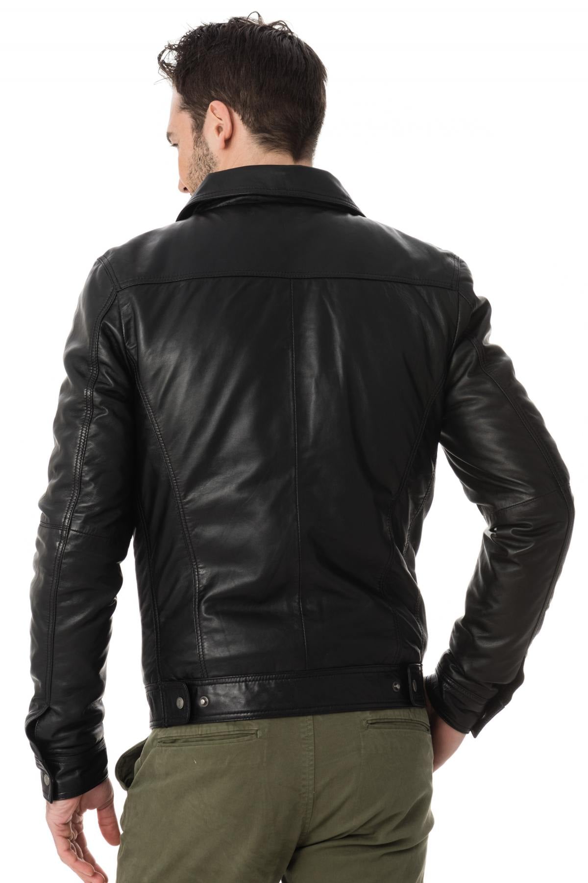 Timeless black sheep leather jacket with shirt collar and zip pockets. - Image n°5