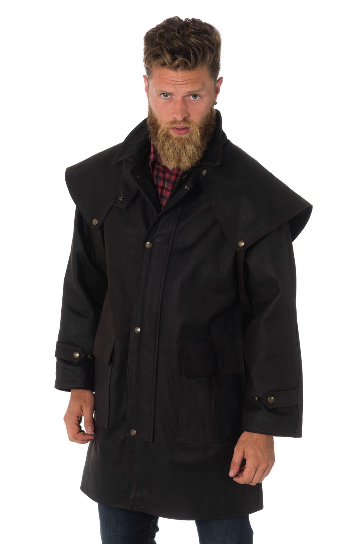 Durable buffalo leather coat with a detachable cape and relaxed fit. - Image n°3