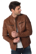 Dark cognac lambskin jacket, slim fit with biker collar and zips. - Image n°3