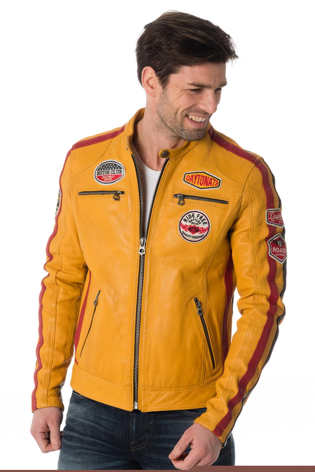 Men's yellow lambskin jacket with badges - Image n°1