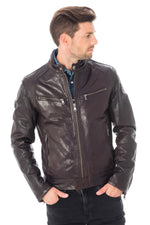 Reddish-brown sheepskin biker jacket with a tailored, adjustable fit. - Image n°1