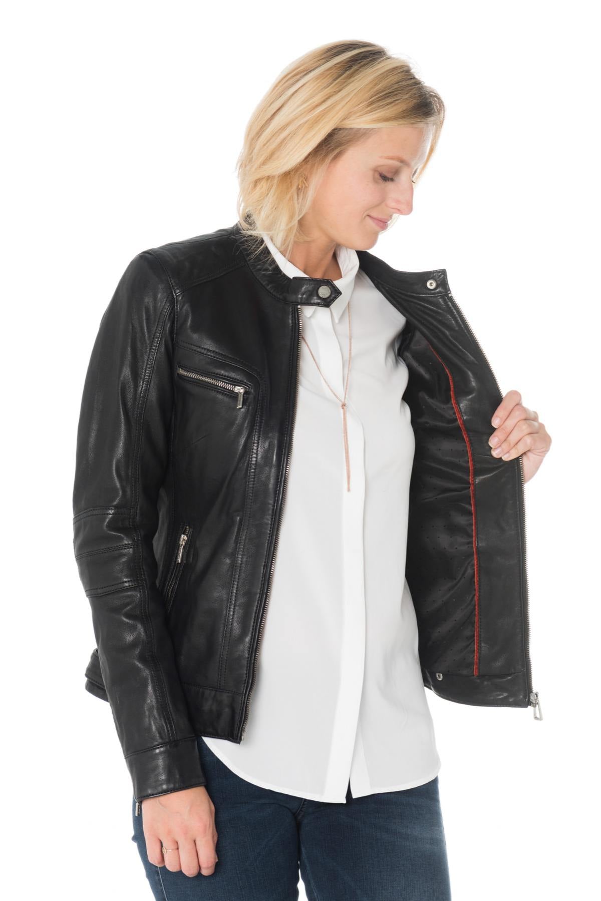 Black sheep leather jacket with Mao collar and distressed patina. - Image n°6