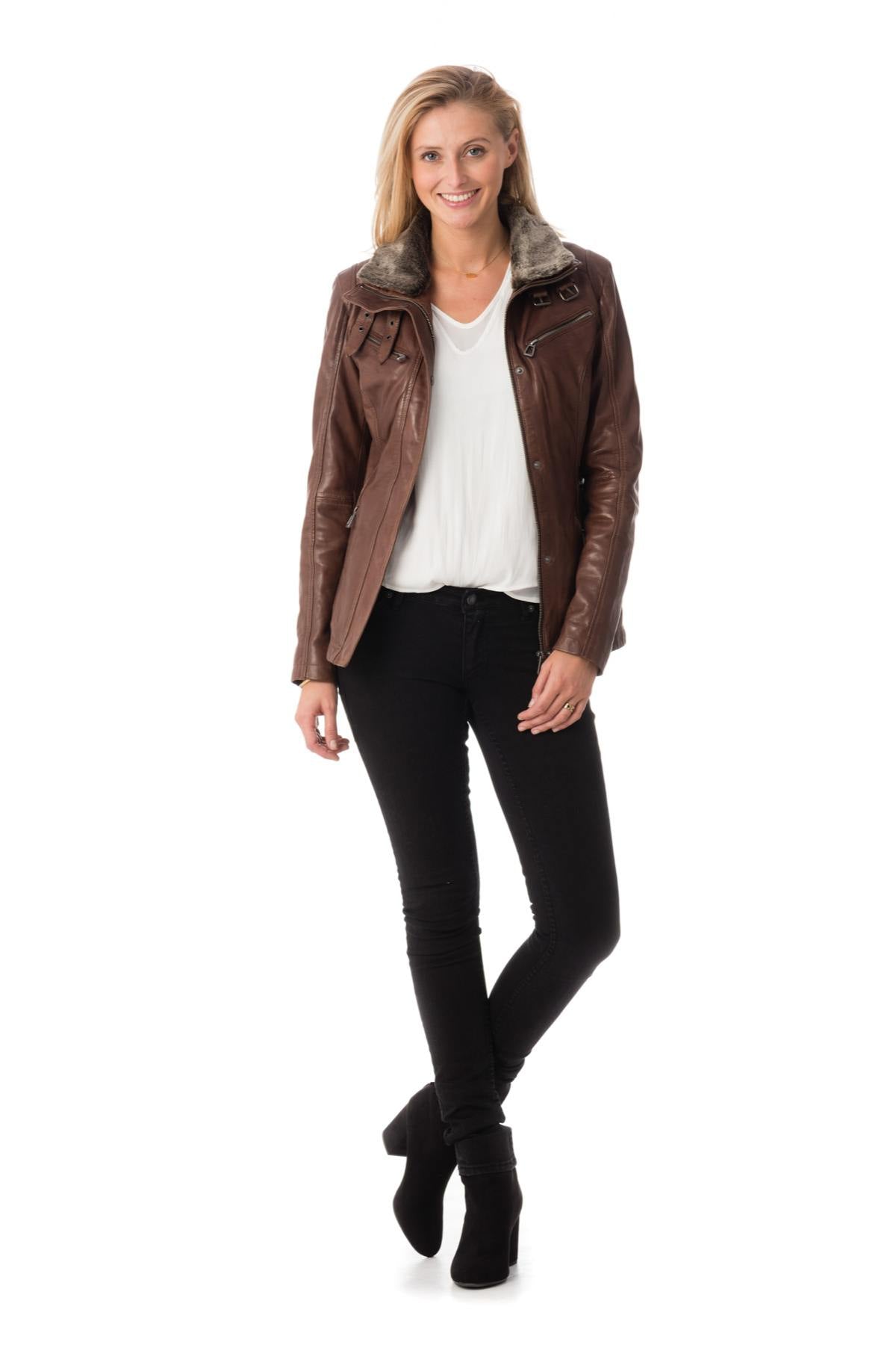 Aged brown sheepskin aviator jacket with detachable fur collar. - Image n°2