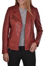 Ruby dark red lambskin biker jacket, slim fit for rock-inspired style. - Image n°1
