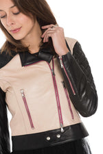 Taupe and black lambskin biker jacket. Slim fit with quilted sleeves. - Image n°8
