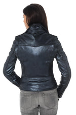 Blue sheepskin leather Biker Jacket with iridescent look - Image n°5