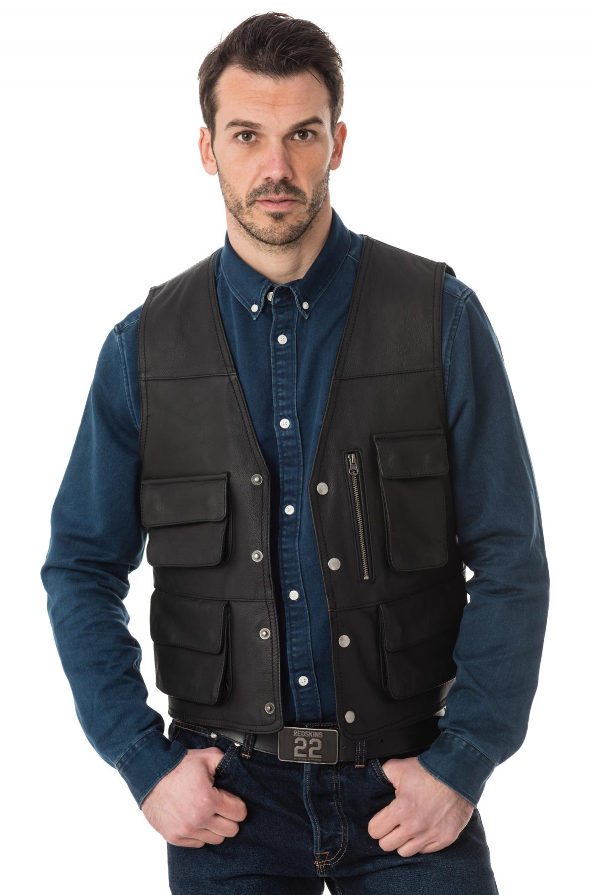 Last Rebels' black buffalo leather waistcoat. Four snap pockets, zippered. - Image n°3