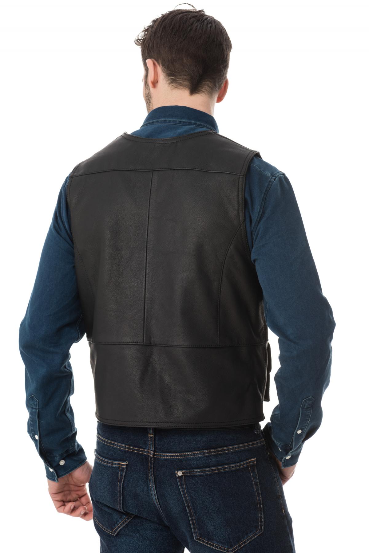 Last Rebels' black buffalo leather waistcoat. Four snap pockets, zippered. - Image n°5