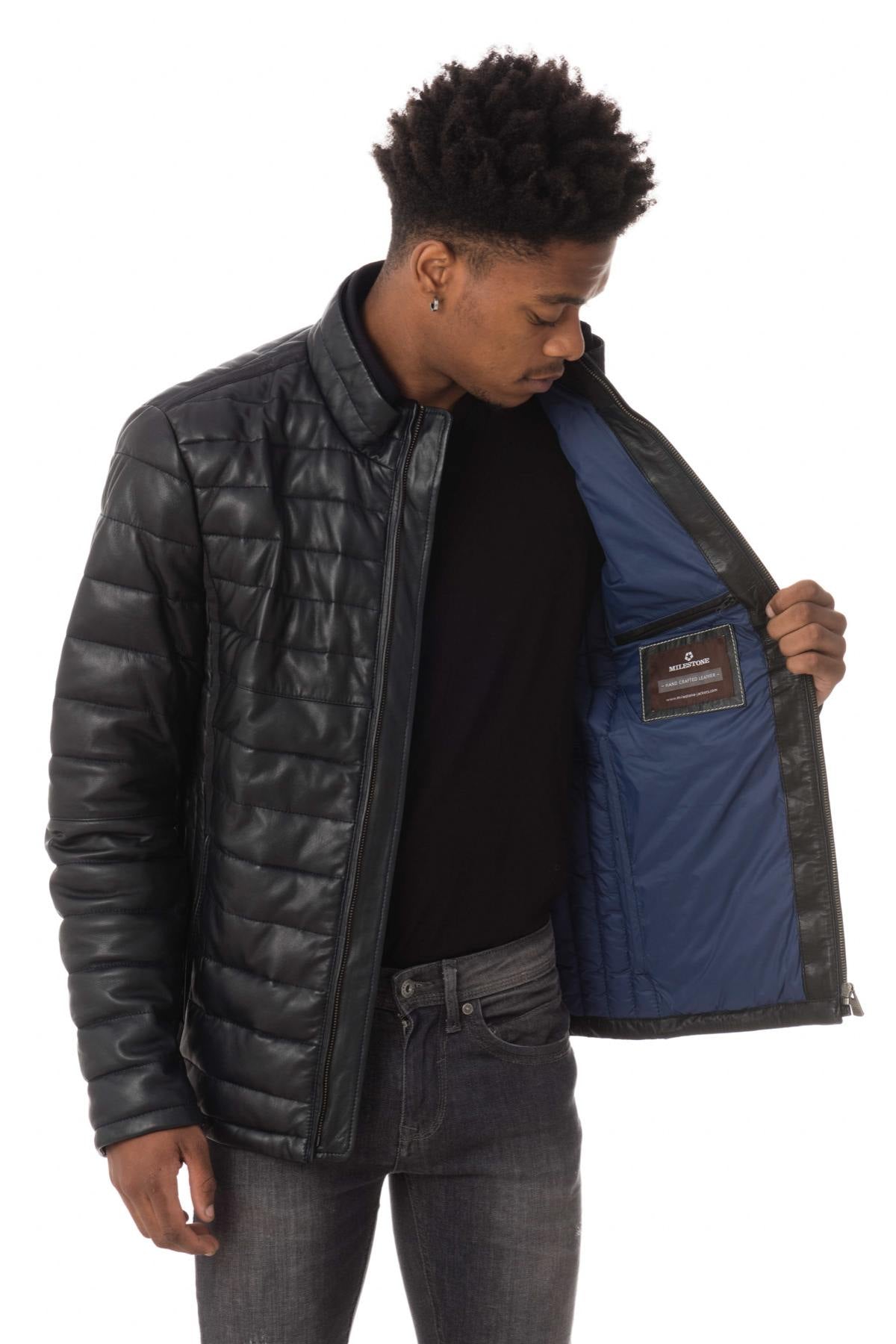 Men's navy blue sheepskin leather down jacket - Image n°4