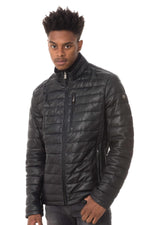 Men's navy blue sheepskin leather down jacket - Image n°1