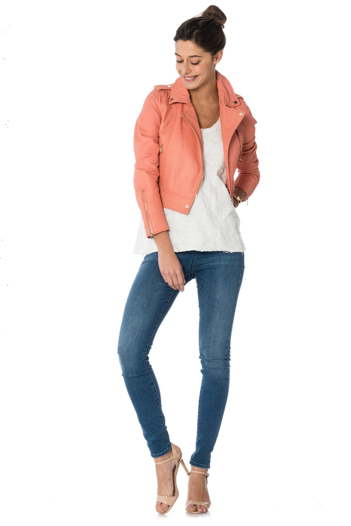 Coral sheepskin leather Biker Jacket - Image n°2