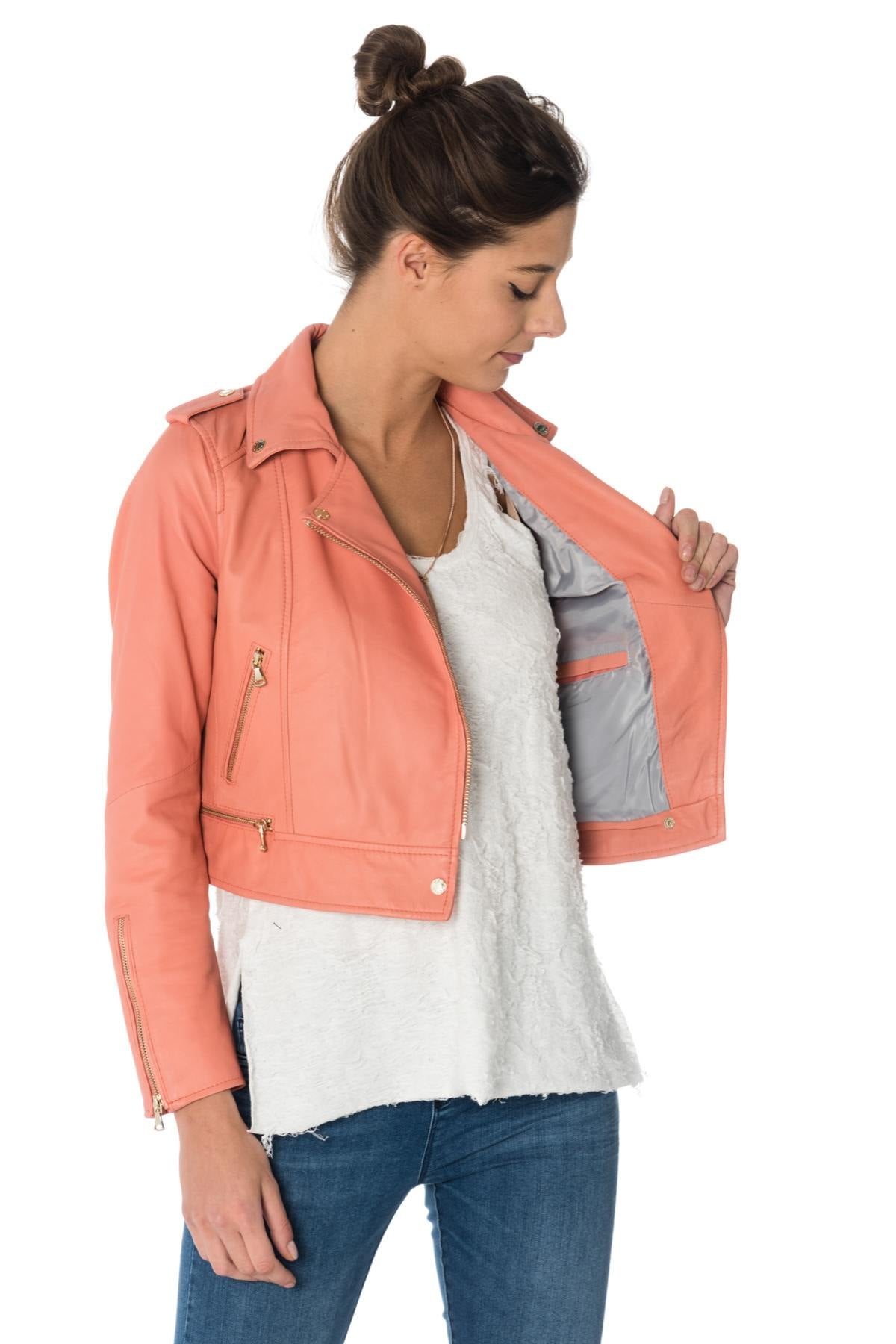 Coral sheepskin leather Biker Jacket - Image n°3
