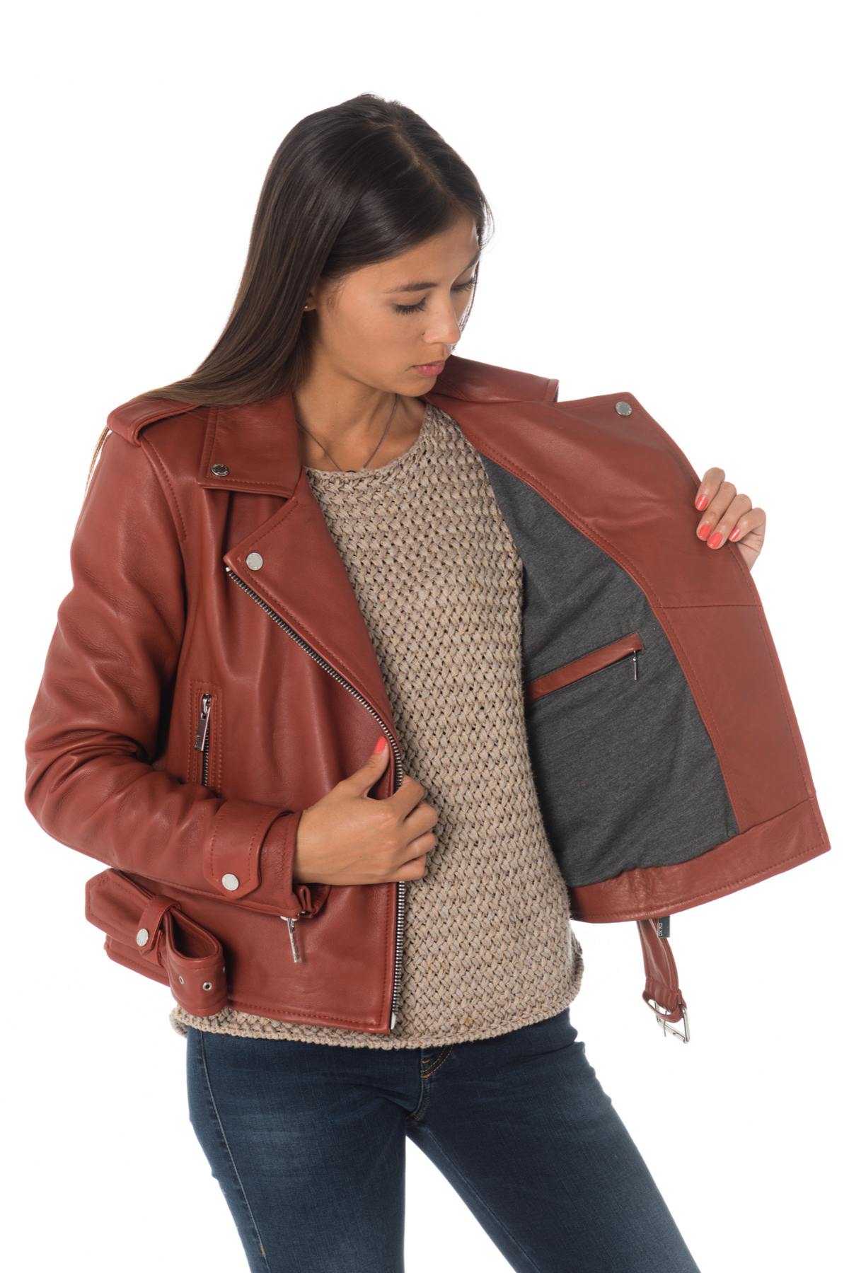 Women's rust-colored sheepskin leather Biker Jacket Oakwood - Image n°4