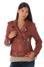 Women's rust-colored sheepskin leather Biker Jacket Oakwood - Image n°1