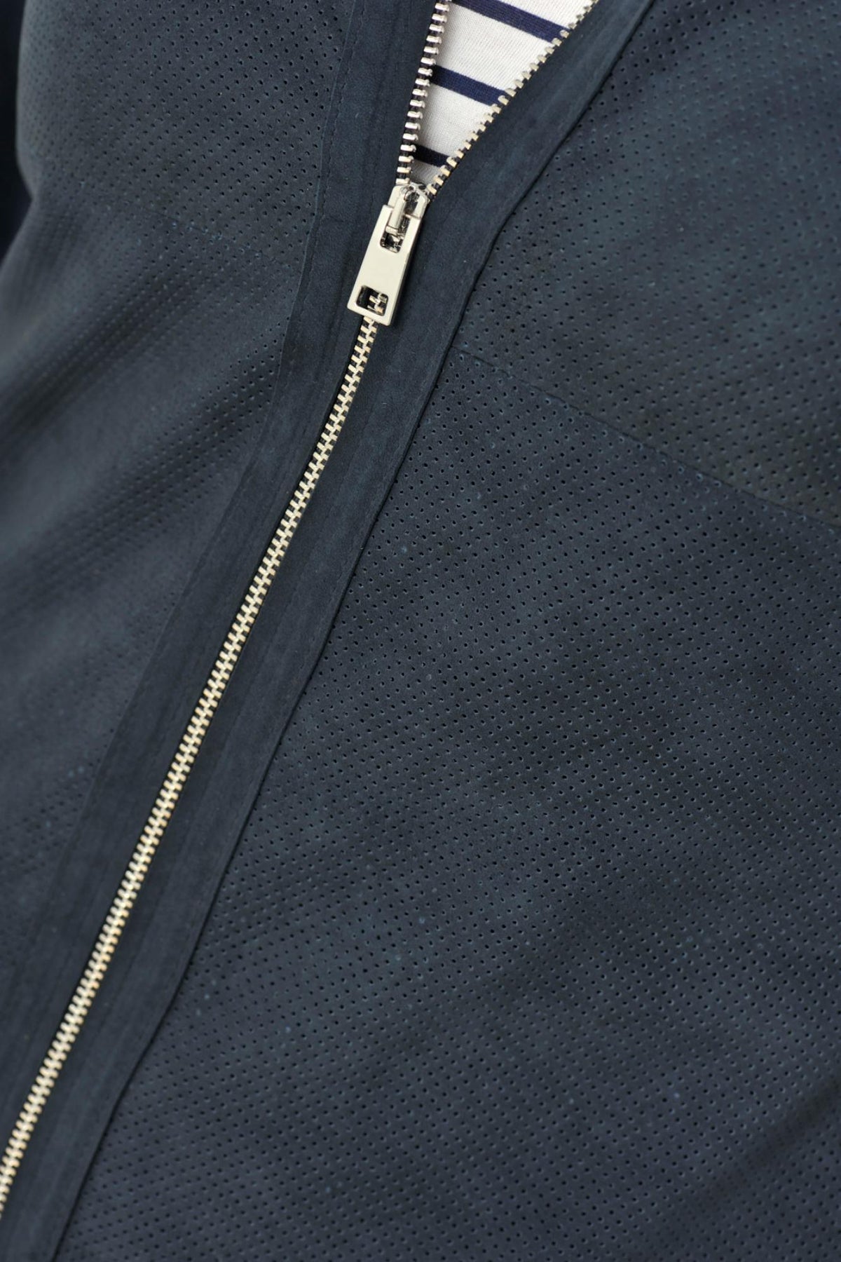 Navy goatskin jacket with perforated velvet-like front and sleeves. - Image n°6
