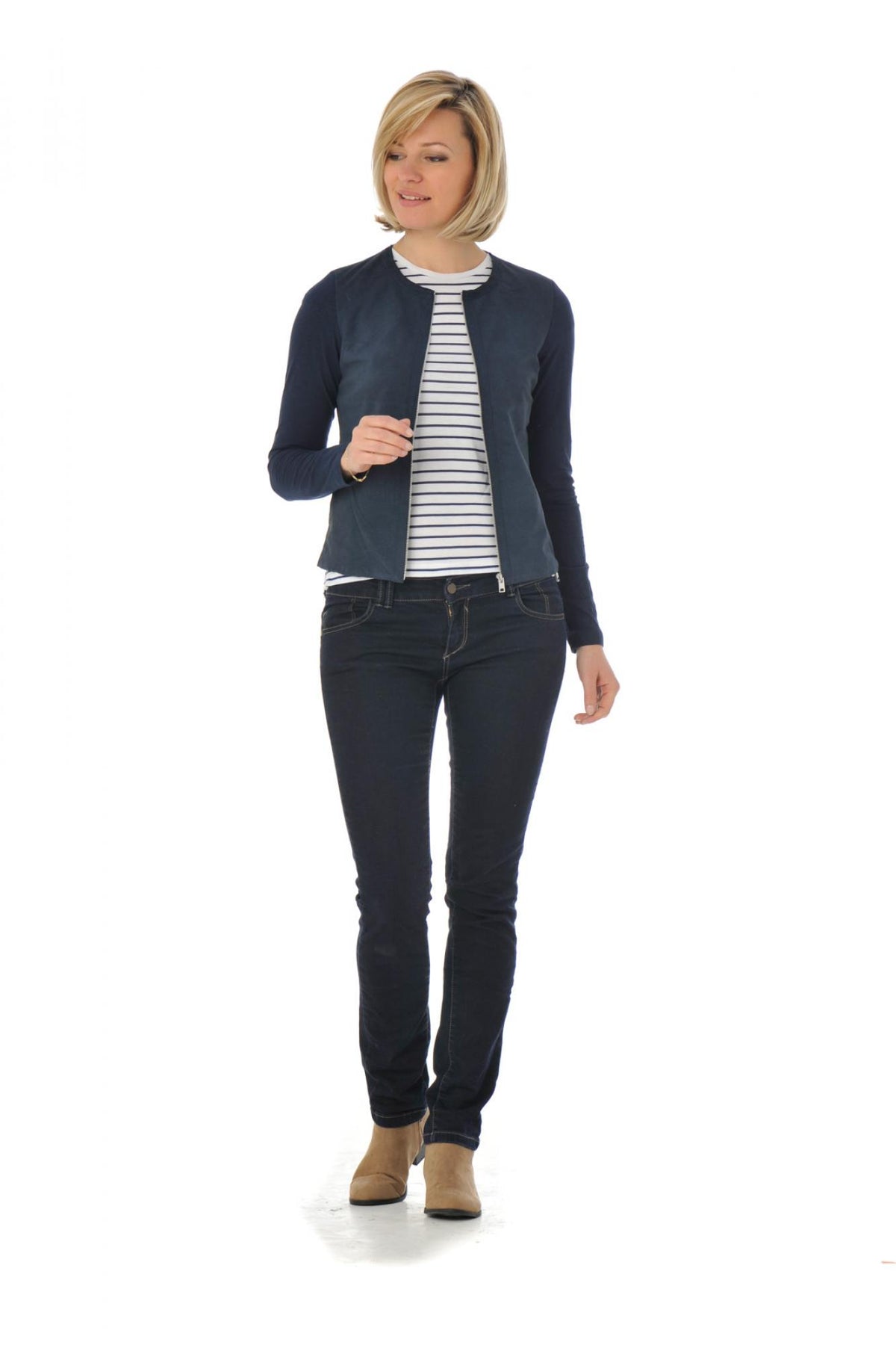 Navy goatskin jacket with perforated velvet-like front and sleeves. - Image n°2
