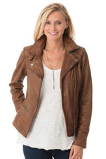 Slim tan lambskin biker jacket with a vintage, feminine fit. - Image n°11