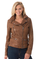 Slim tan lambskin biker jacket with a vintage, feminine fit. - Image n°8