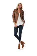 Slim tan lambskin biker jacket with a vintage, feminine fit. - Image n°5