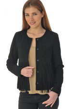 Black suede-style fringed leather jacket - Image n°1