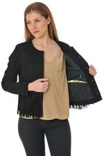 Black suede-style fringed leather jacket - Image n°6
