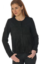 Black suede-style fringed leather jacket - Image n°4