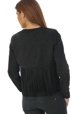 Black suede-style fringed leather jacket - Image n°5
