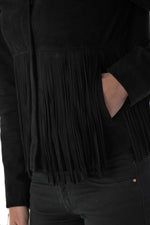 Black suede-style fringed leather jacket - Image n°7