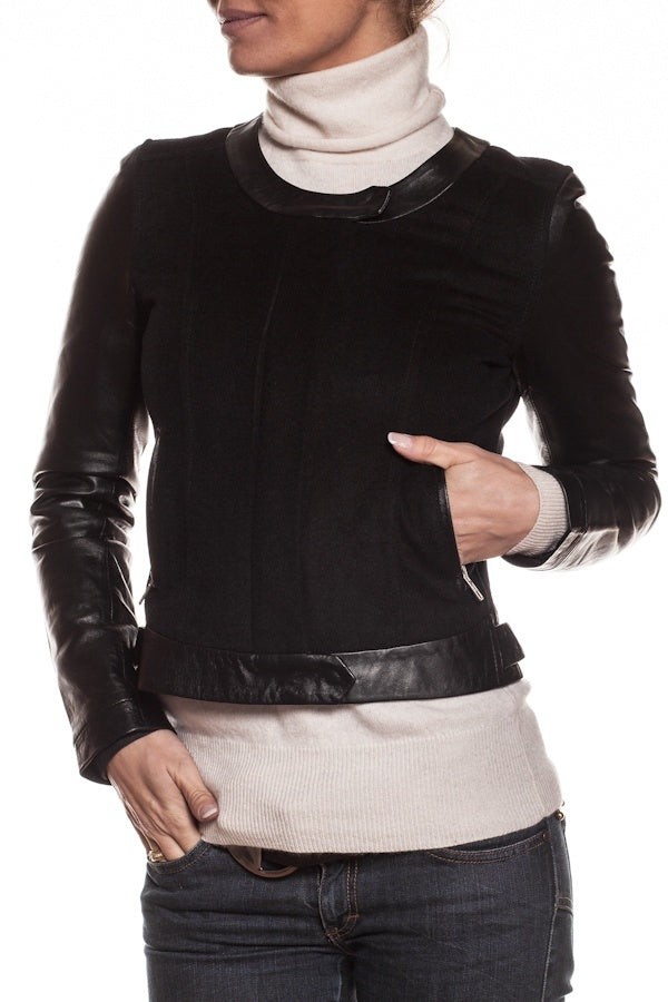 Women's mixed leather and textile jacket - Image n°2